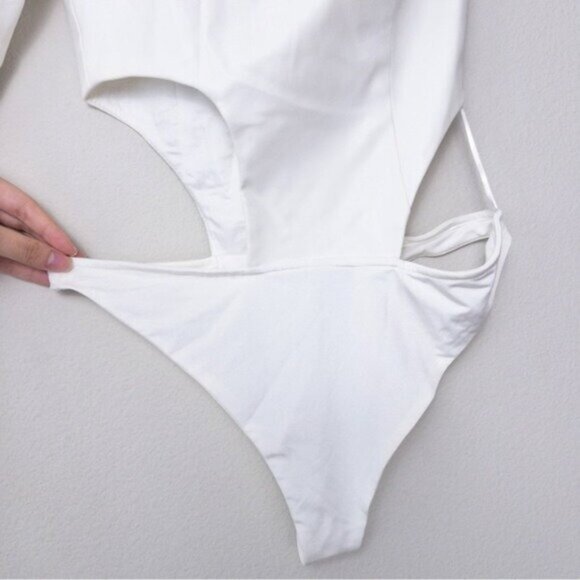 NWT Ceren Ocak x REVOLVE Vegan Leather One Shoulder Cutout Bodysuit S White - Picture 9 of 14